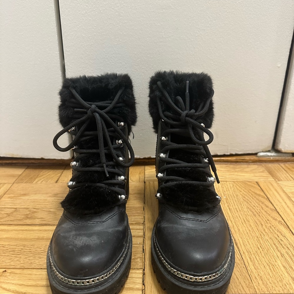 Aqua by Bloomingdale’s Black Faux-Fur Lace-Up Snow/Winter Boots